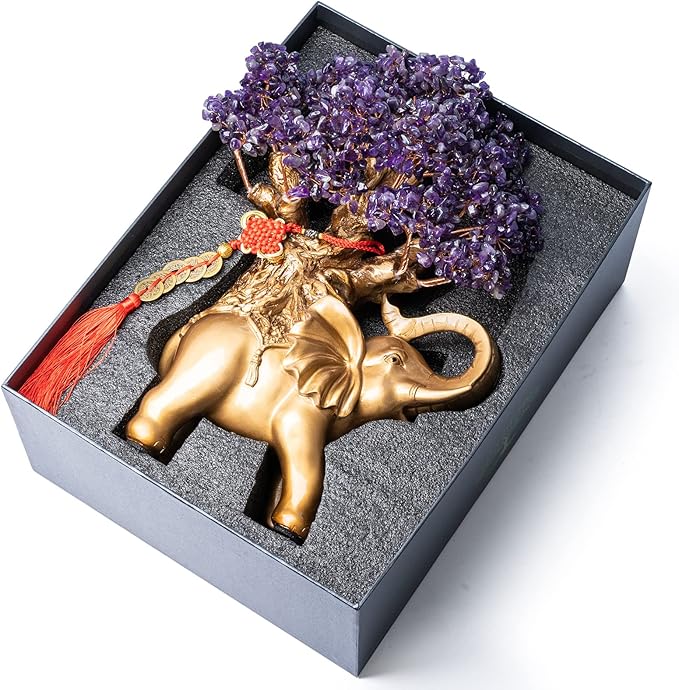 Amethyst Crystal Money Tree on Gold Elephant Statue, 17”Large Gemstone Bonsai Tree of Life Home Décor Gifts for Wealth Positive Energy, Feng Shui Décor