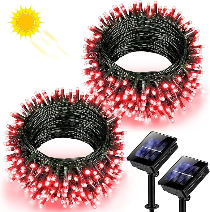 2 Pack Solar String Lights for Outside, Each 79Ft 240 LED Solar Lights Outdoor, 8 Modes Waterproof Solar Powered Fairy Twinkle Light for Backyard Patio Tree Party Garden Decoration, Red