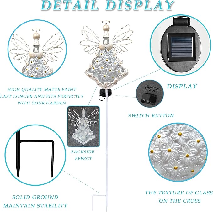 38Inch Angel Solar Lights Outdoor Decorative-Metal&Glass Angel Hydrangea Flower Garden Stake Lawn Light- Waterproof 30 Warm White LED for Remembrance Gifts & Sympathy Gifts(White)