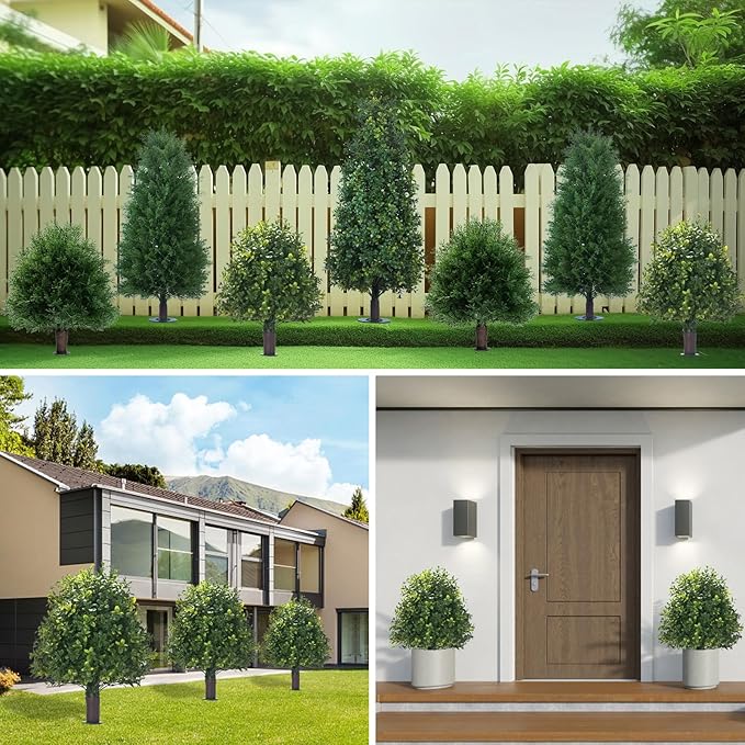 Artificial Boxwood Ball Trees with Ground Spike, 20" UV Resistant Artificial Shrubs, Fake Evergreen Artificial Plant Brush for Indoor Outdoor Front Porch Garden, 1 Pack