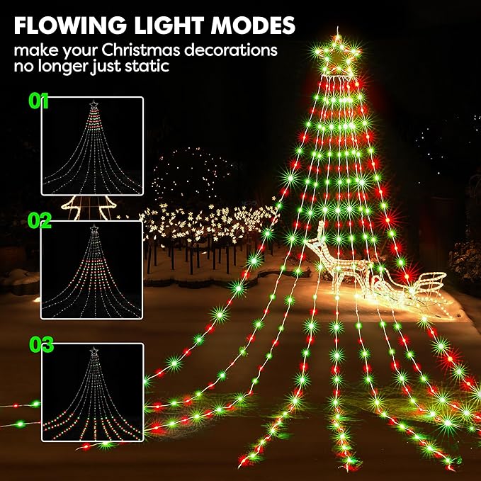 BlcTec Outdoor Christmas Decorations, 352 LED Christmas Star Lights with 9 Strands 11.7ft Waterfall Christmas Tree Lights, 8 Modes, Waterproof, Timer for Yard Patio Xmas Décor, Flowing Red and Green
