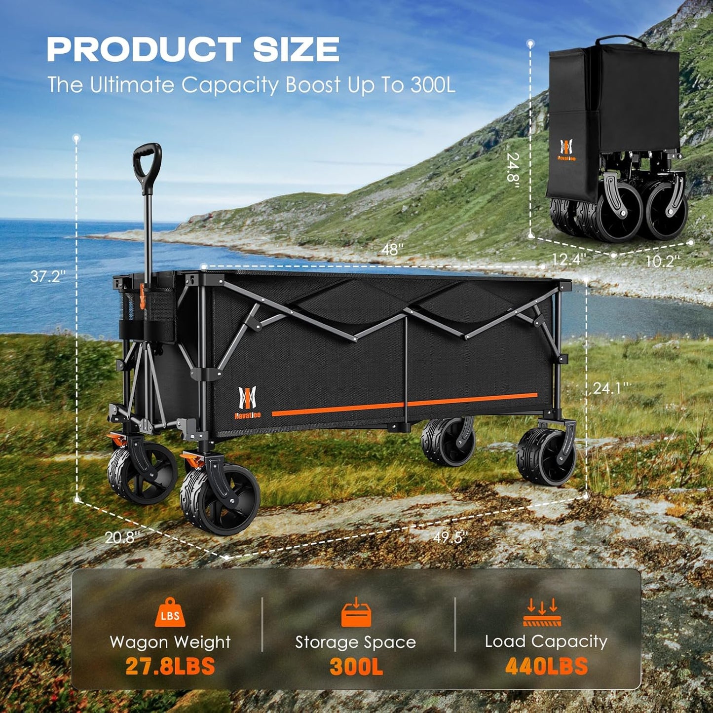 Navatiee 300L Collapsible Wagon Cart Foldable Extra Large, 48''L Folding Extended Beach Wagon with 440LBS Weight Capacity and Big All-Terrain Wheels, Heavy Duty Utility Garden Cart for Sports Outdoor