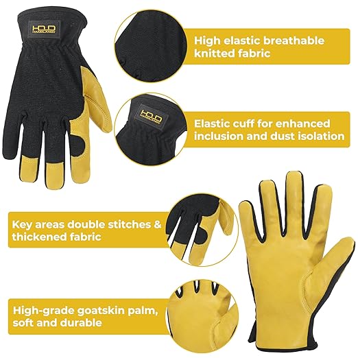 HLDD HANDLANDY Mens Leather Gardening Gloves, Utility Work Gloves for Gardening, Yardwork, Construction, Mechanics