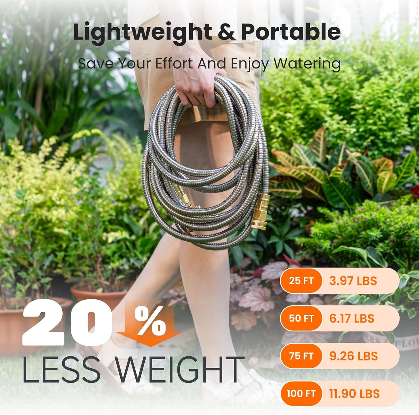 Girafe Tools Garden Hose 75ft x 5/8", 304 Stainless Steel Metal Water Hose, No Kink Garden Water Hose with 9 Pattern Spray Nozzle, Flexible, Lightweight, Kink Free Hose for Yard, Outdoor