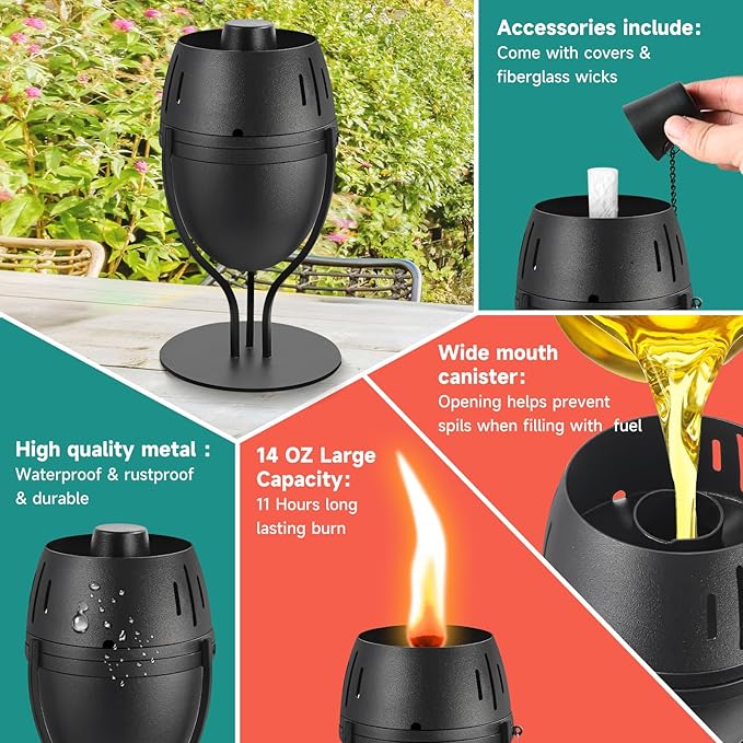 4 Pack Metal Table Top Torches, 14 oz Citronella Torches for Outside, Refillable Flame Light Torch, Decorative Tabletop Lantern for Yard, Patio, Deck, Garden, Party, Landscape