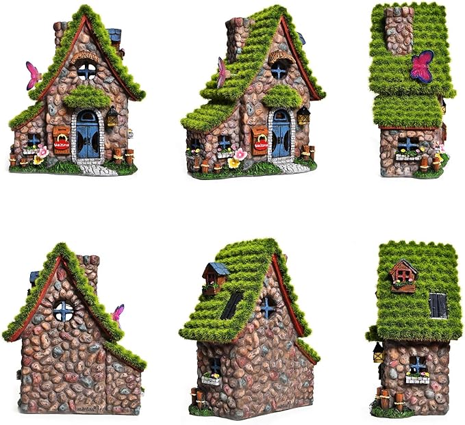 ASAWASA Resin Fairy House Statues with Solar Powered Lights, Funny Garden Sculptures with Flocked and Cobblestone Decor, Exquisite Garden Cottage Figurines