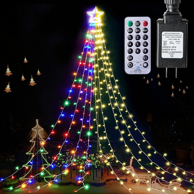 BlcTec Outdoor Christmas Decorations with Remote, 317 LED Color Changing Christmas Lights with 9 Strands 11.9ft Waterfall Lights, 11 Modes, Waterproof & Timer for Xmas Décor, Multicolor & Warm White