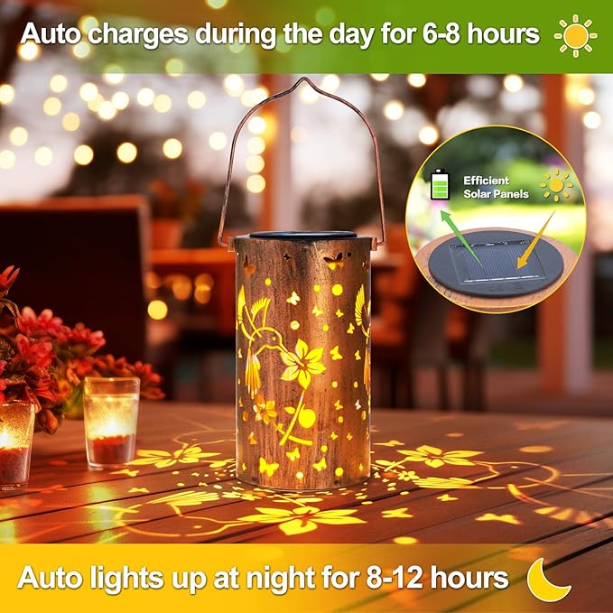 Mothers Day Gifts, 4 Packs Solar Lanterns Outdoor Hanging Lantern Lights, 4 Hummingbird Hollowed-Out Metal Decor Lantern, Waterproof LED Decorative Garden Light Gifts