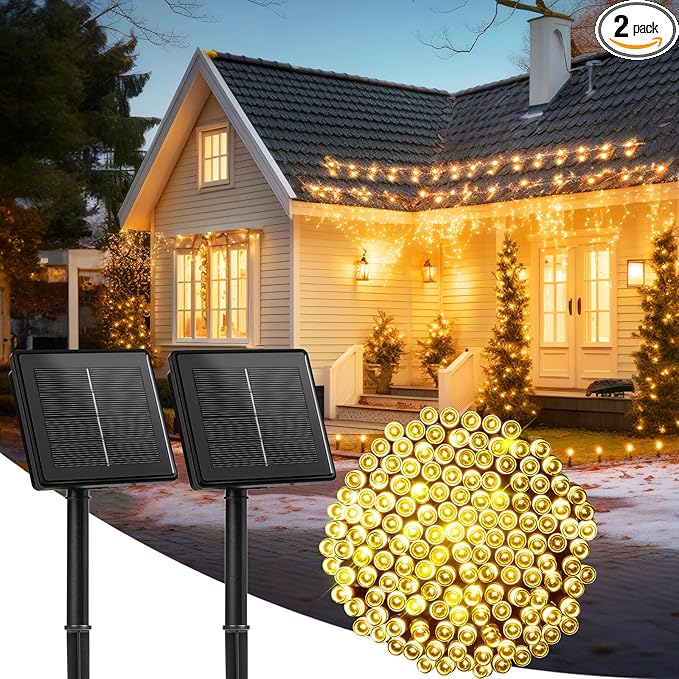 2-Pack 480LED 170FT Total Solar Outdoor Lights IP65 Waterproof Solar Powered Lights with 8 Lighting Modes for Party Garden Yard Home Holiday Tree Decoration Lighting, Warm White