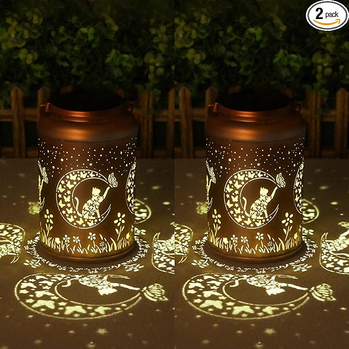 Solar Lanterns Outdoor Waterproof - 2 Pack Cat Garden Decor Birthday Gifts for Women Mom Grandma Hanging Solar Lights Metal Solar Lantern for Outside, Patio, Outdoor, Yard, Backyard, Porch