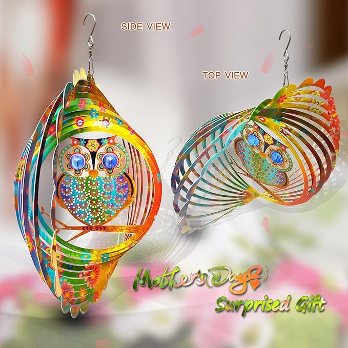 FONMY Wind Spinner Mandala Owl 12 inch 3D Stainless Steel Laser Cut Metal Art Geometric Pattern Hanging Wind Spinner, Kinetic Yard Art Decorations - Indoor/Outdoor Décor
