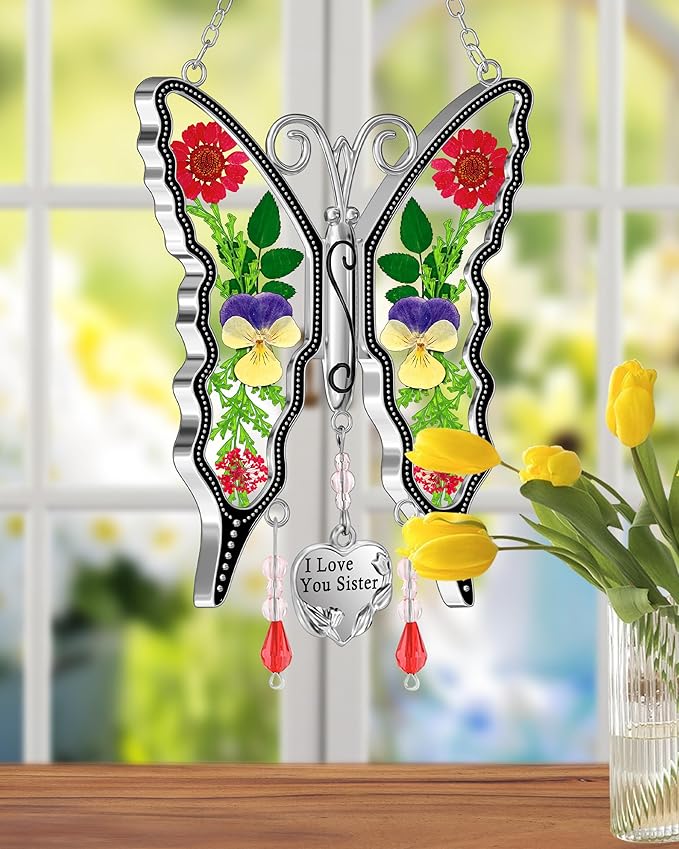 KY&BOSAM Butterfly Suncatcher I Love You Sister Stain Glass Suncatchers for Window Hanging Wind Chime Pressed Flower Between Wings and Charm Birthday Gifts for Women Mother's Day Valentine's Christmas
