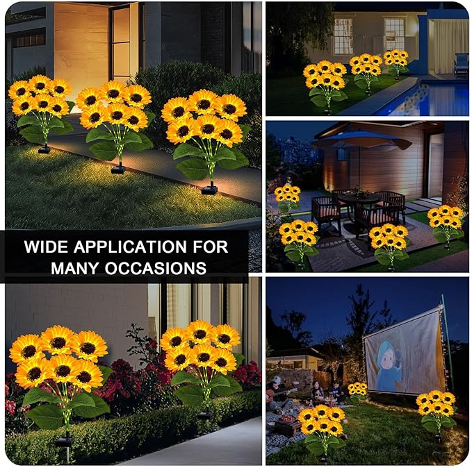 4 Pack Solar Sunflower Garden Lights 24 Vibrant Sunflowers LED Outdoor Decorative Stake Lights for Yard, Patio, Lawn, Pathway, IP65 Waterproof, Gardening Gift for Mom, Grandma, and Friends
