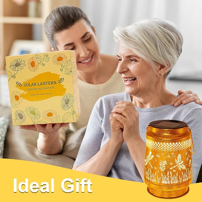 2 Pack Solar Lanterns Outdoor Garden Decor with Shepherd Hook, Gardening Gifts for Mom Grandma Women Dragonfly Metal Decor Lantern Waterproof Solar Lights LED Decorative for Garden Yard Patio