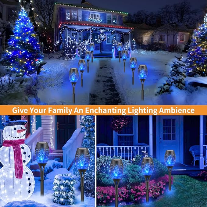 6-Pack Blue Solar Flickering Flame Torches – Waterproof Solar Garden Lights, Outdoor Solar Lights for Yards, and Flame Torches for Patio and Pathway Decorations
