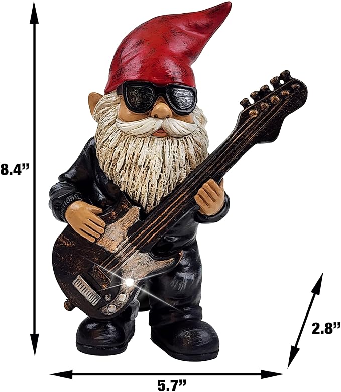 Better Office Products Garden Gnome Statue, 8" Height, Handcrafted Waterproof, UV-Resistant Polyresin Lawn Patio Porch Ornament Decoration (Rock Star with Solar Light)