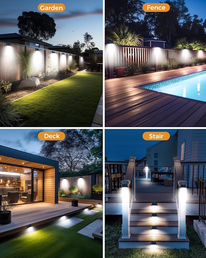 4 Pack Solar Motion Lights Outdoor, Waterproof Fence Lights Solar Powered with 3 Lighting Mode, Cold White LED Step Light for Outside Wall Yard Deck Stairs Garden - Black