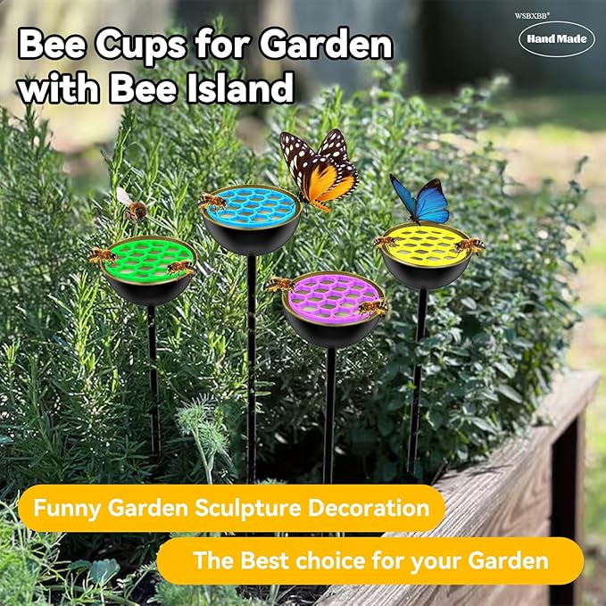 4 Pack Bee Cups for Garden with Bee Island, Bee Waterer and Butterfly Water Stations, Bee Water Catcher Cups for Thirsty Pollinators, Bee Bath, Colorful Metal Garden Sculpture Stakes Decor