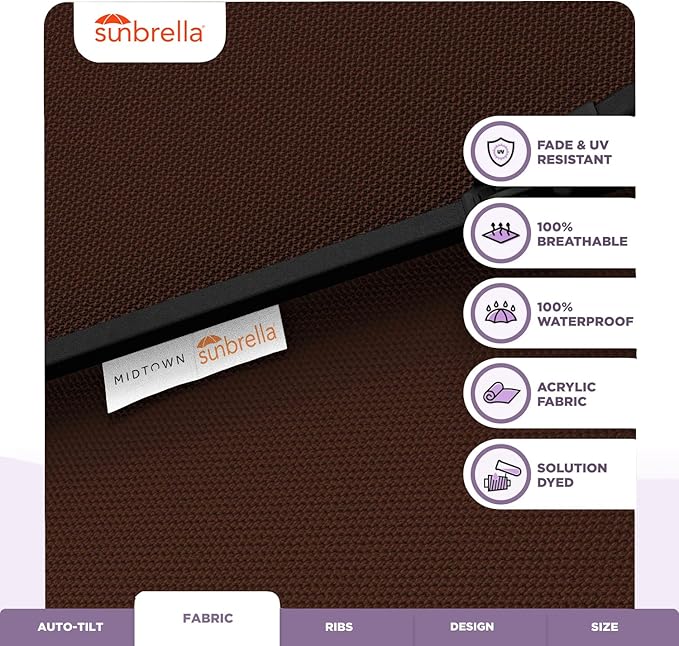 Midtown Umbrellas Sunbrella Umbrella 8 Feet Outdoor Umbrella With Sunbrella Bay Brown Acrylic Fabric - Auto-Tilt Aluminum Frame Patio Umbrella For Backyard, Deck, Garden, Pool - Black Pole