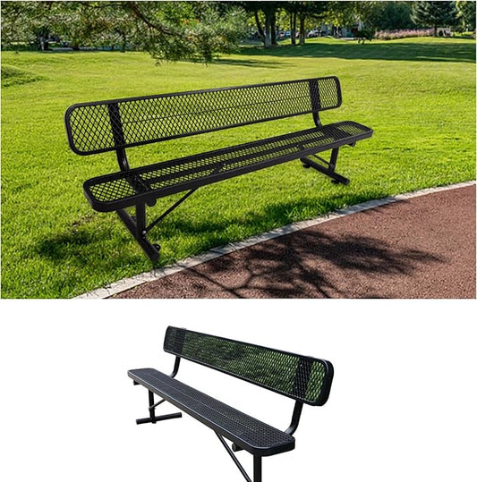 8 FT Heavy Duty Metal Park Bench for Outside, Black Bench with Backrest,4-6 Person Seat, Outdoor Commercial Metal Mesh Benches for Shopping Mall, Lawn, Park, Deck, Garden, Patio, Porch