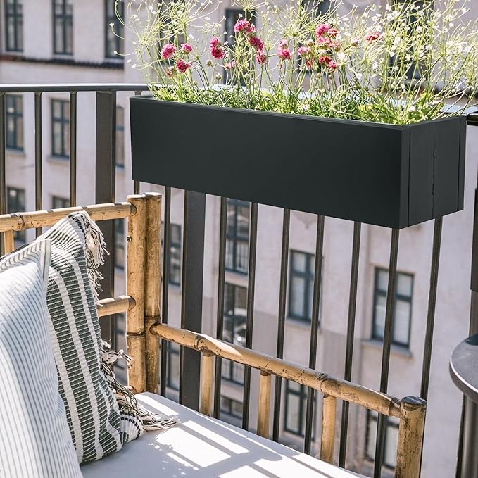 2 Pack Metal Railing Planter Box, 30 Inch Balcony Planters with Adjustable Brackets, Large Hanging Planters for Outdoor Fence Deck