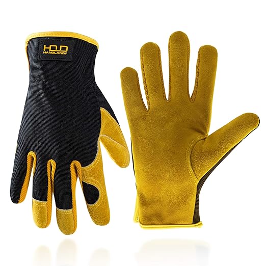HLDD HANDLANDY Garden Gloves Men, Leather Work Gloves for Men & Women, Cowhide Gardening Gloves Utility Work Gloves for Mechanics, Construction, Driver (S, Yellow)