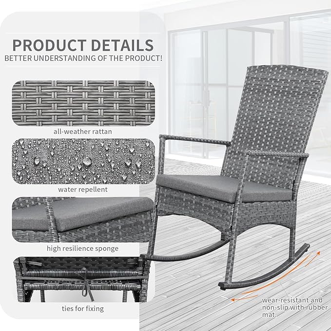 Outdoor Rocking Chair 3 Pieces High-Backed Rocking Chair Patio Rocking Chairs Outdoor Table and Chairs Anti-Slip Cushions Dark Grey