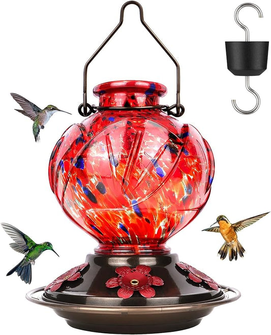 BOLITE Hummingbird Feeder, Hand Blown Glass Hummingbird Feeders for Outdoors Hanging, with Ant Moat and 5 Feeding Ports, 22 Ounces, Peony Flower Shape, Red, Gifts for Women Men, Gifts for Mom Dad