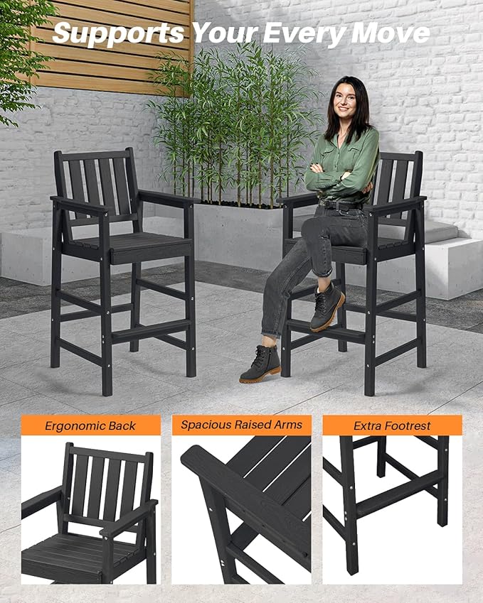3 Pieces HDPE Outdoor Bar Table and Chairs Set, Tall Adirondack Chairs Set of 2 with Rectangular Bar Table, Patio Bar Stools Set, HDPE Outdoor Patio Bar Set for Balcony, Porch, Deck, Obsidian