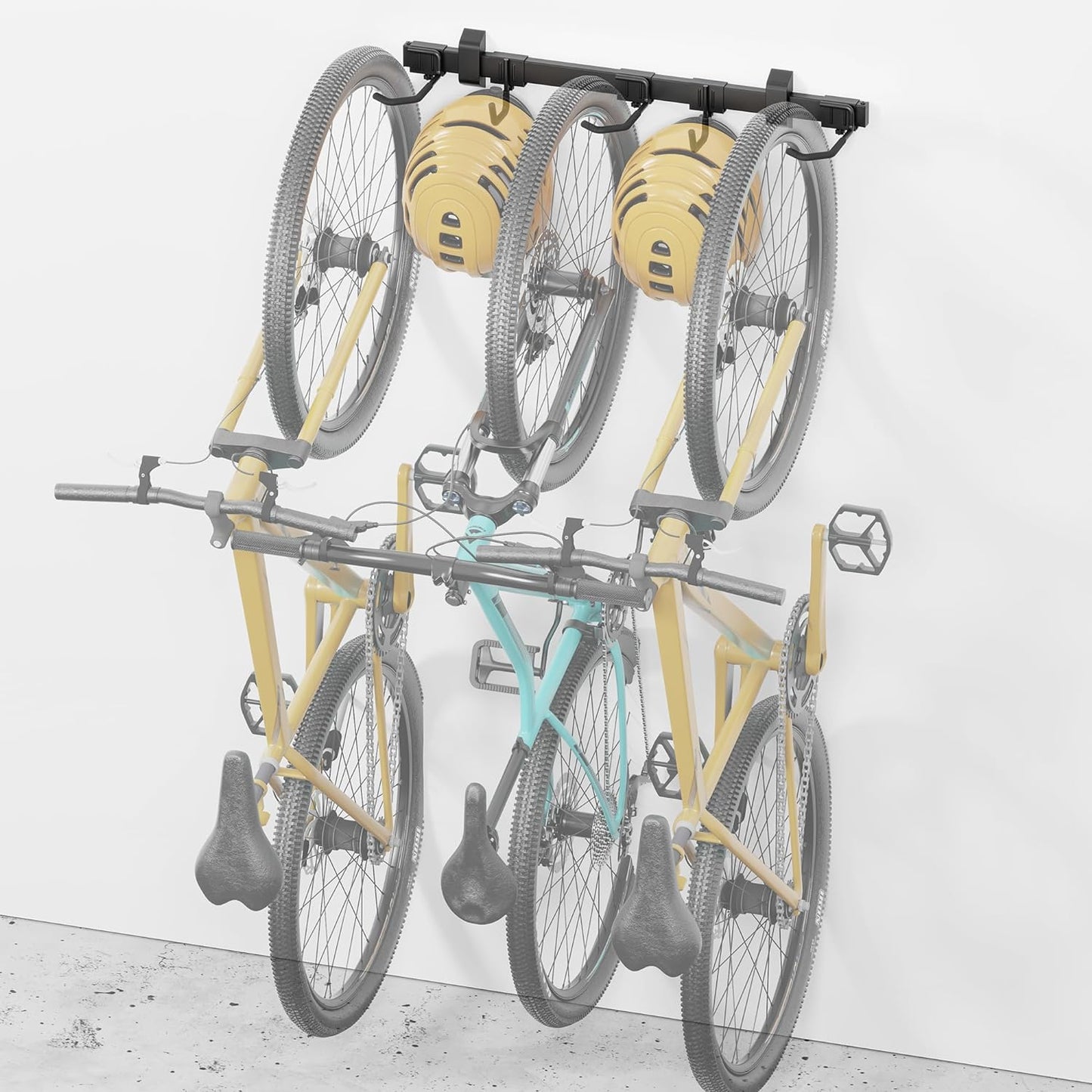 monTEK Enhanced Bike Storage Rack, Adjustable 3-Bike and 2-Helmet Hangers for Indoor Bike Storage, Customizable for Various Bike Sizes, Heavy-Duty Steel Bike Wall Mount, Max Load 209lbs, 32-in