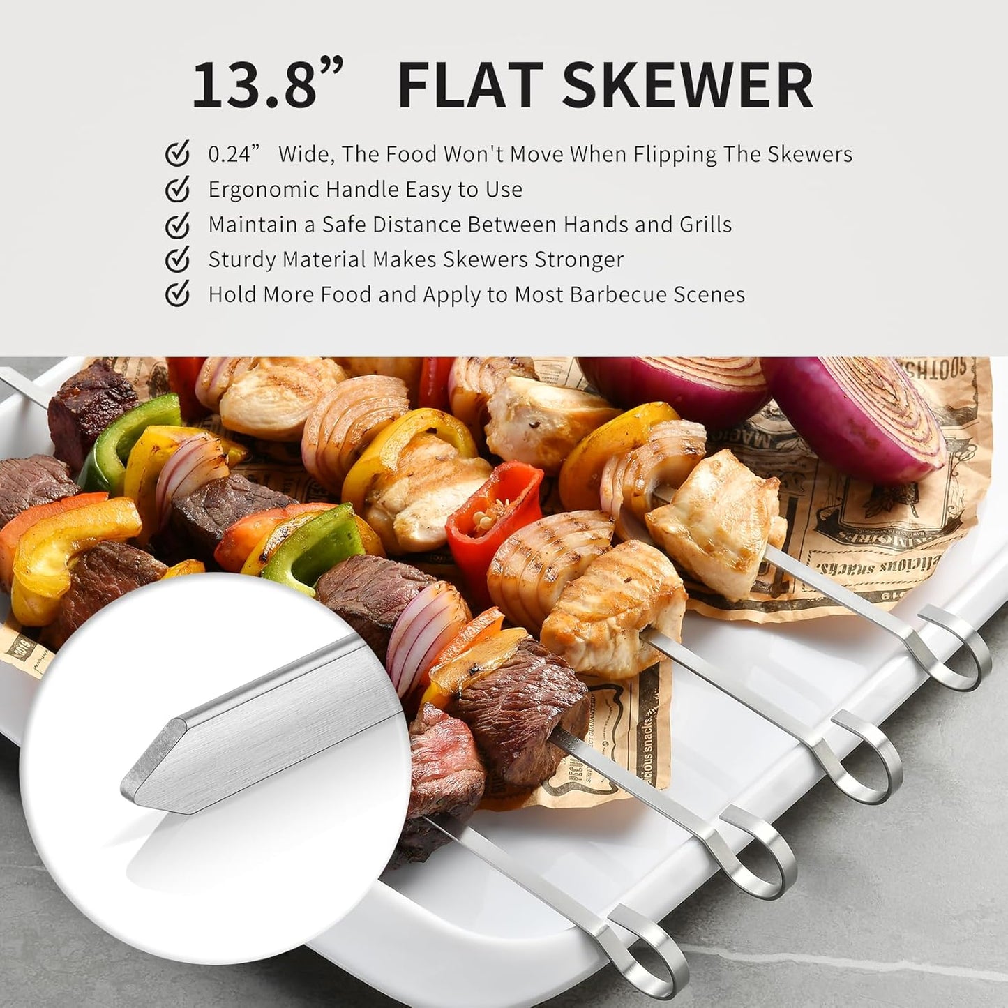 13.8" 12 Pack - Metal Flat Skewers Reusable Kabob Skewers BBQ Barbecue Skewers for Grilling, Stainless Steel