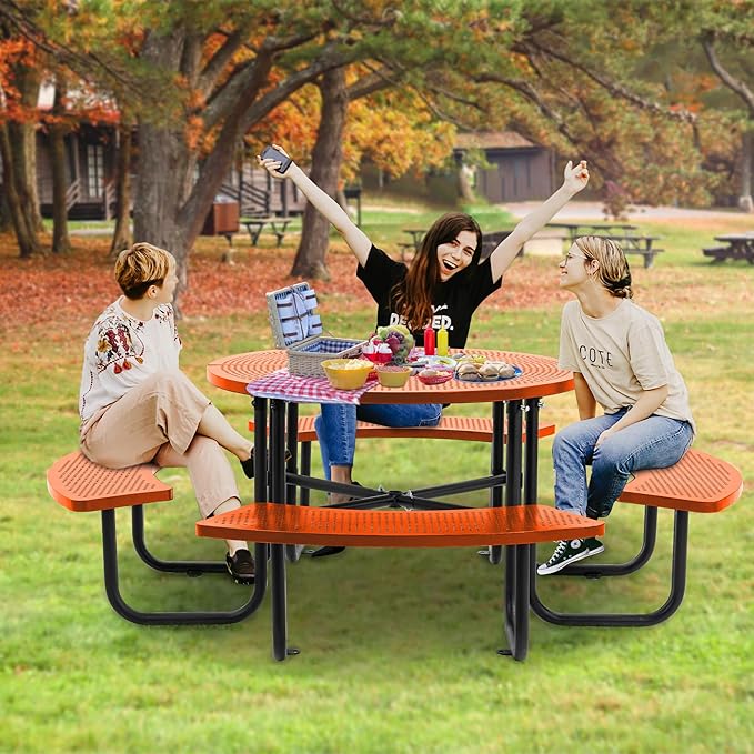 46'' Steel Round Picnic Table for Outdoors, Expanded, Lifetime Picnic Table with Umbrella Hole, Heavy Duty Sturdy Commercial Picnic Tables for Garden Courtyard BBQ, Orange