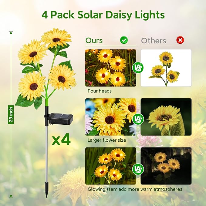 4 Pack Outdoor Solar Garden Lights with 16 Glowing Daisy Flowers & Stems, Waterproof Auto ON/Off Solar Flowers Lights for Yard Patio