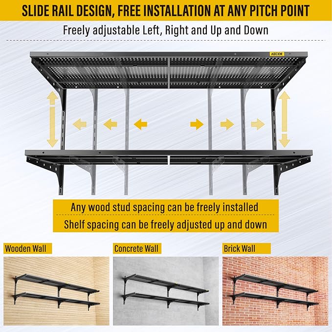 2-Pack 2 Tier 1.3x4ft Garage Shelving Wall Mounted, 800 lbs Load Capacity，15.6x48inch per Shelf Height Cassette Adjustable Floating Shelves(Black)