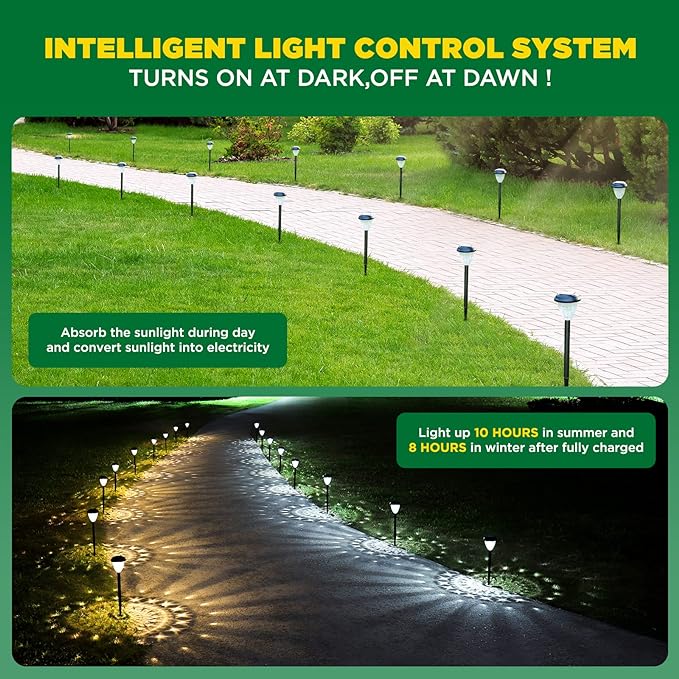 Super Bright Solar Lights Outdoor Waterproof 10 Pack, Dusk to Dawn Up to 12 Hrs Solar Powered Pathway Garden Lights Auto On/Off, LED Landscape Lighting Decorative for Walkway Patio Yard