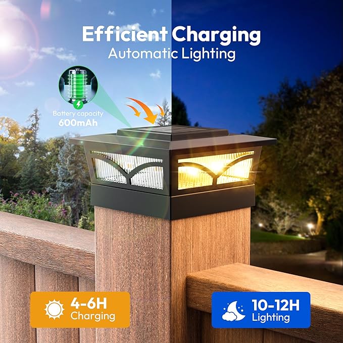 NIORSUN Solar Post Cap Lights Outdoor, 2 Modes LED, Deck Fence Post Solar Lights for 3.5x3.5 4x4 Caps Patio Garden Decoration, Warm White/Cool White Lighting Black 4 Pack