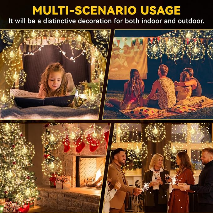 4 Pack Firework Lights - 120 LED Copper Wire String Lights with 8 Modes, Dimmable, Remote Controlled, Waterproof for Party, Home, Christmas, Garden, Outdoor Decoration