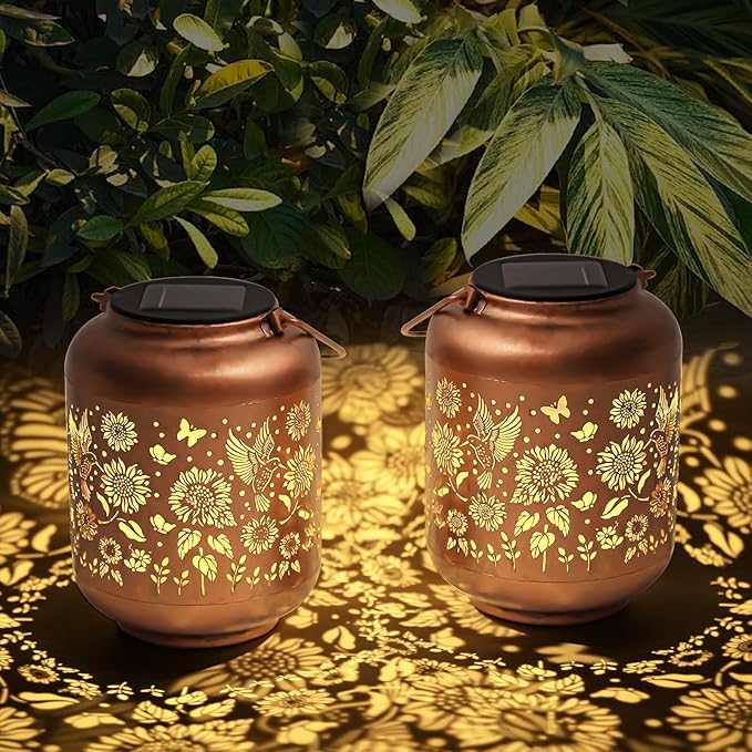 2-Pack Birthday Gifts for Women Mom Grandma Solar Lanterns Outdoor Waterproof Hummingbird Garden Decor Hanging Metal Lights Outside for Yard,Patio,Backyard,Porch