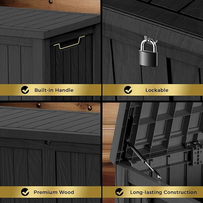 150 Gallon Lockable Resin Deck Box, Waterproof & UV-Resistant Outdoor Storage Box for Outdoor Cushion Storage, Garden Tools & Pool Accessories Storage, Black