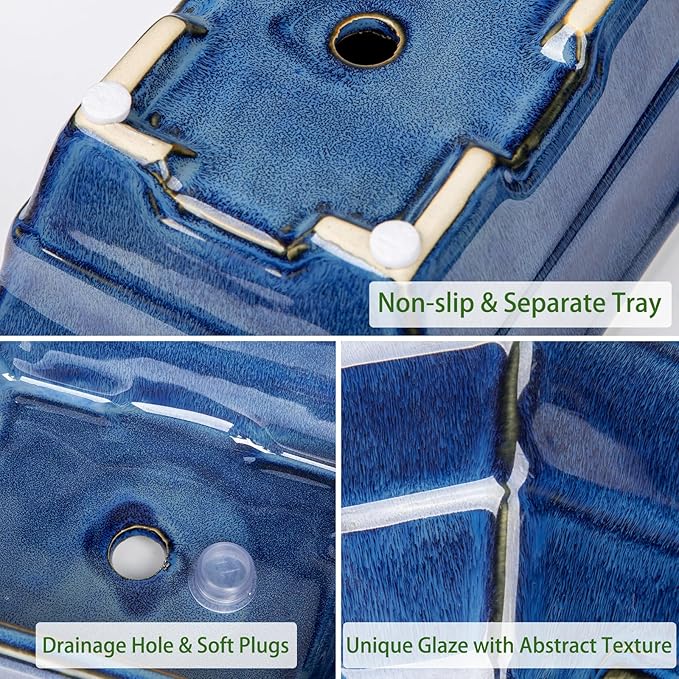 Bonsai Pots Small Shallow Succulent Planters for Live Bonsai Trees Set of 2, 7.5" Ceramic Pot for Succulents Indoor with Drainage Hole and Saucer, Outdoor Cactus Plant Bonsai Pot