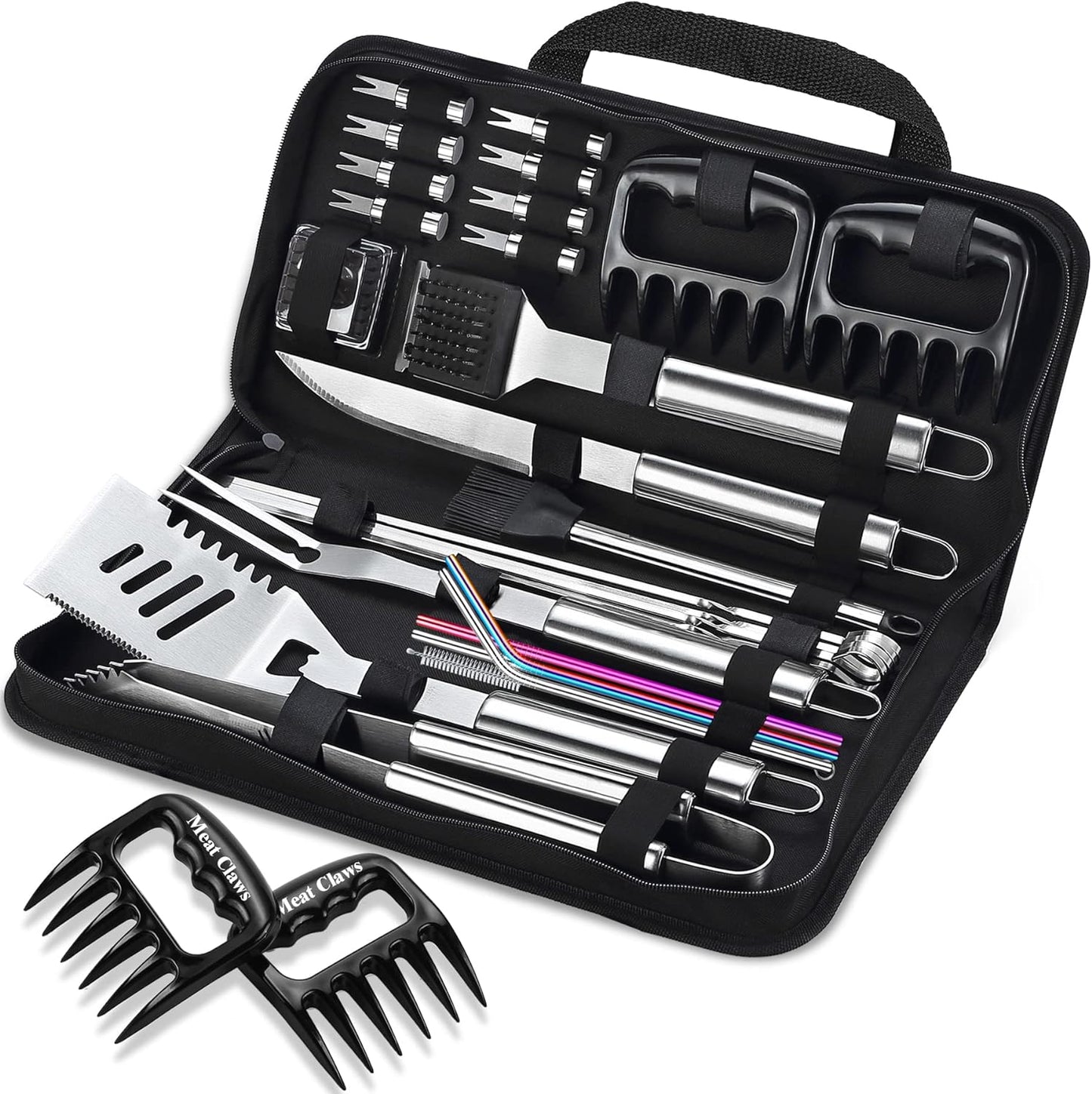 ROMANTICIST 27pcs Heavy Duty Grilling Gifts for Men Dad Fathers Day, Extra Thick BBQ Accessories Tools Set, Stainless Steel Grill Utensils Kit with Meat Claws, Carrying Bag for Outdoor Camping Silver
