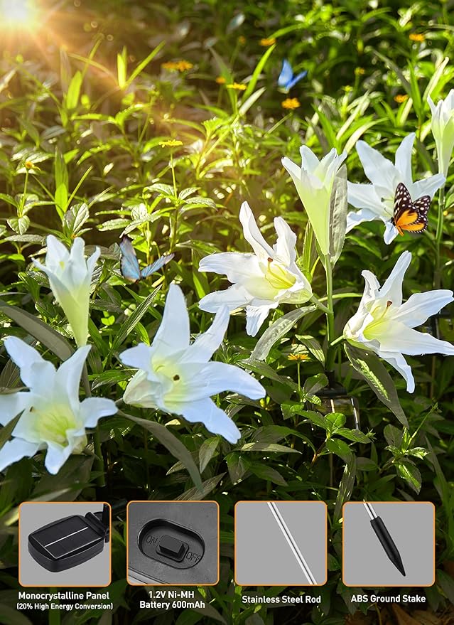 Brightown Outdoor Solar Garden Lights - 4 Pack LED Flower Lights with Larger Lily, Bigger Solar Panel, Waterproof for Outside Yard Patio Garden Decorations, White