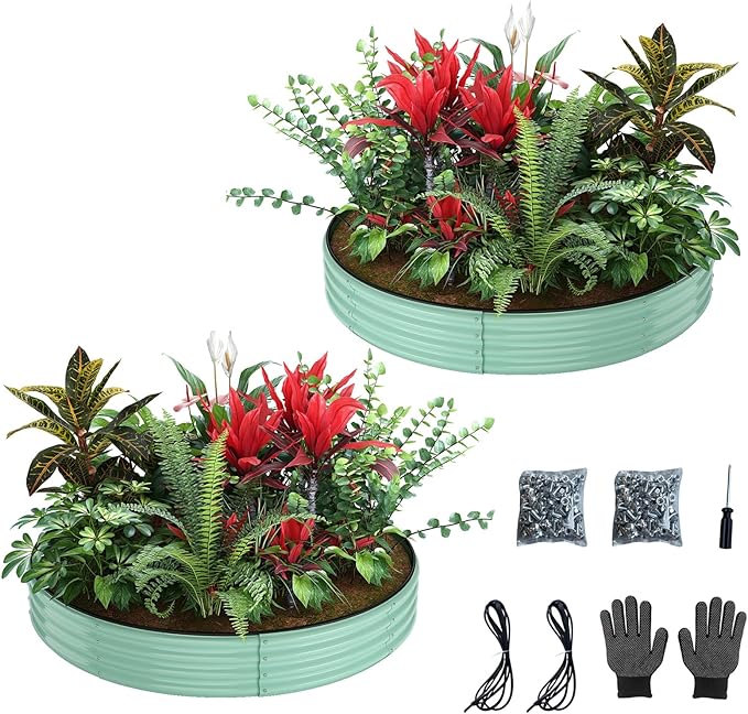 Galvanized Metal Planter Round Raised Garden Bed Kit for Gardening Outdoor，3x3x1ft 2PC Grow Garden Box Raised Flower Bed，Round Galvanized Planter Outdoor Large Metal Fire Pit Ring Green