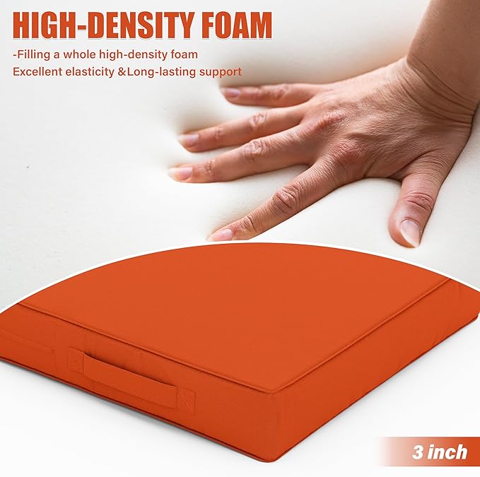 Patio Chair Cushions 17 X 16 X 3 Inch Waterproof Outdoor Seat Cushions for Patio Furniture, Outdoor Sofa Couch Pads with Ties & Handle, Set of 2, Orange