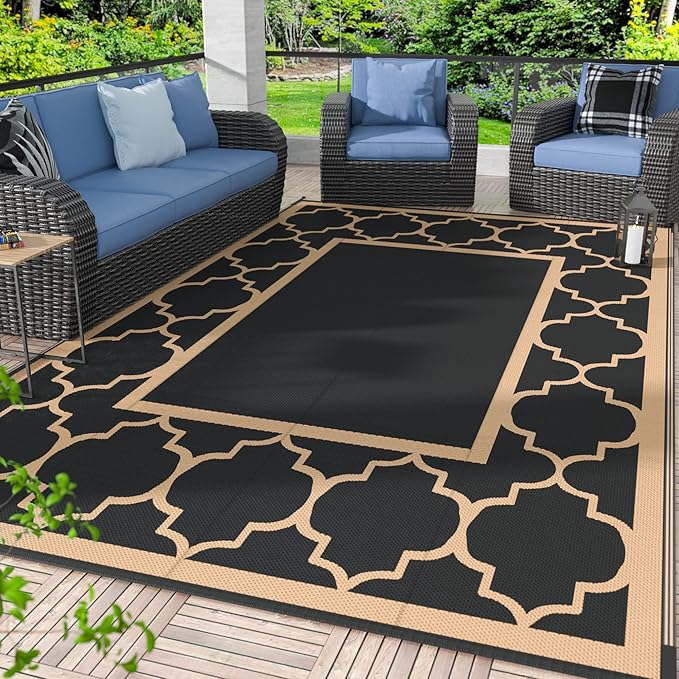 GENIMO Outdoor Rug 9' x 12' Patio Waterproof, Foldable Reversible Plastic Straw Area Rugs Mat for Camper Decor, Outside Carpet for Rv, Deck, Porch, Picnic, Beach, Balcony, Black & Brown