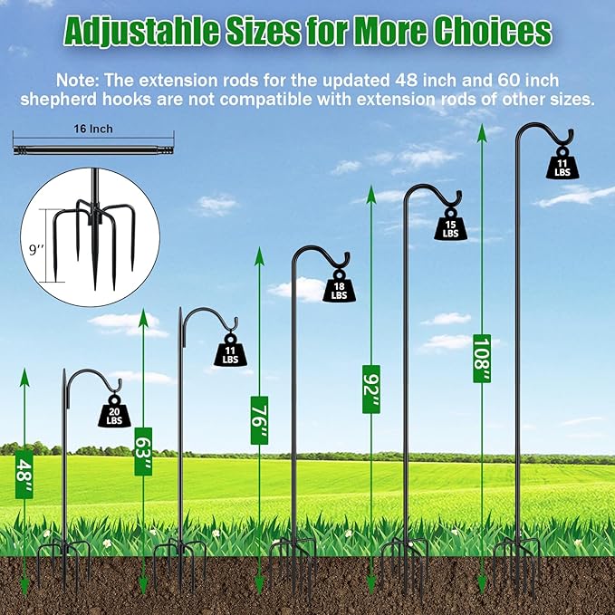 FEED GARDEN Adjustable Outdoor Shepherd Hook Bird Feeder Pole with 5 Prongs Base, 60 Inch Tall 5/8 Inch Thick, Heavy Duty Shepard Hook Stand for Hanging Bird Feeders, Plant Baskets, Black (1 Pack)