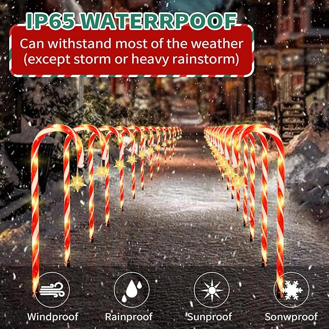 22" Candy Cane Lights Outdoor Pathway 2PK 24 PCS Candy Cane Christmas Decorations 8 Modes Solar Candy Cane Lights with Star Total 25FT Christmas Pathway Lights Outdoor for Xmas Yard Garden Walkway