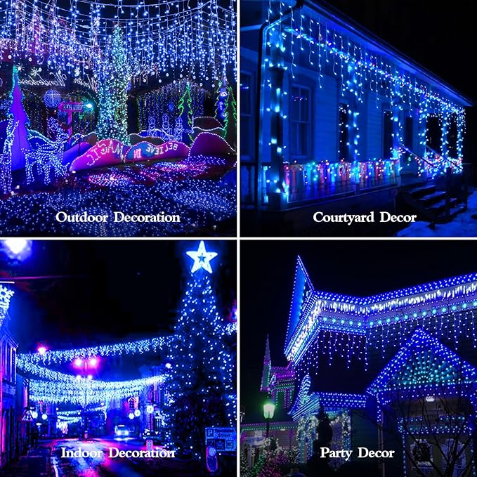 480 LED 49FT Christmas Lights Plug in 8 Modes with Timer Dimmable Christmas Decorations Outdoor Waterproof Indoor Curtain String Lights for Roof Porch Garden Holiday Wedding Party Decor Blue