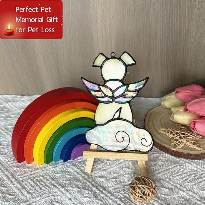 Stained Glass Angel Wings Dog Memorial Gifts for Loss of Dog Sympathy Gift Suncatcher, Rainbow Bridge Pet Passing Away Remembrance in Memory, Dog Bereavement Gifts for Loss of Pet,Yellow
