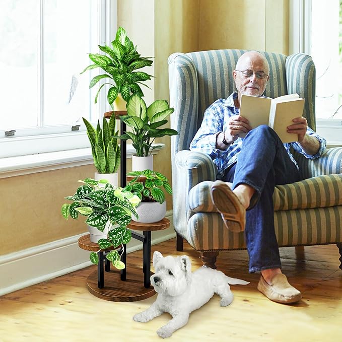 AUGOSTA 5 Tier Plant Stand, Tall Metal Wood Shelf Holder for Indoor Plants, Outdoor Garden Plant Display Rack Flower Pot Stand for Corner Living Room Balcony Garden Patio